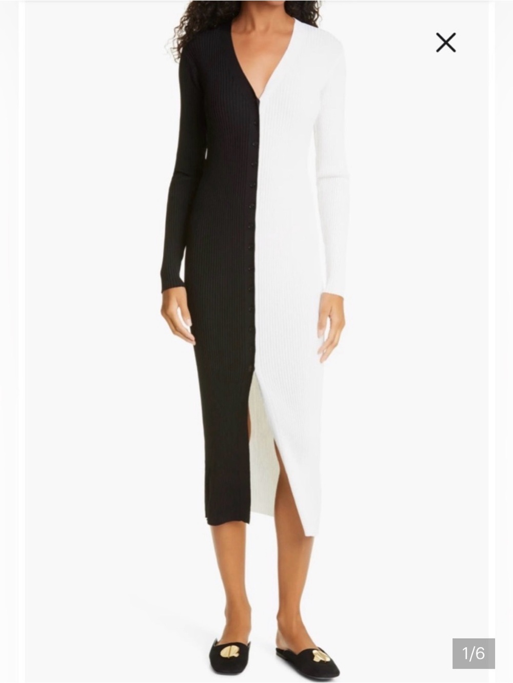 STAUD Shoko Colorblock Two-Tone Black and White Ribbed Button-Front Midi Dress